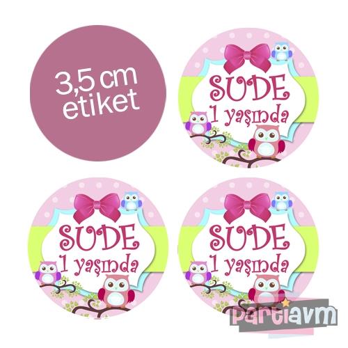 Sevimli Baykuş Doğum Günü Süsleri Yuvarlak Etiket 3,5cm 15 Adet