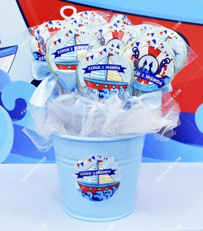Sevimli Denizci Doğum Günü Lolipop Şeker Etiketli Kovada Süslemeli 10 Adet