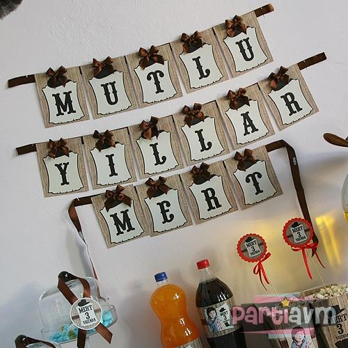 Sevimli Kovboy Doğum Günü Süsleri Banner İsim Kurdele Süslemeli