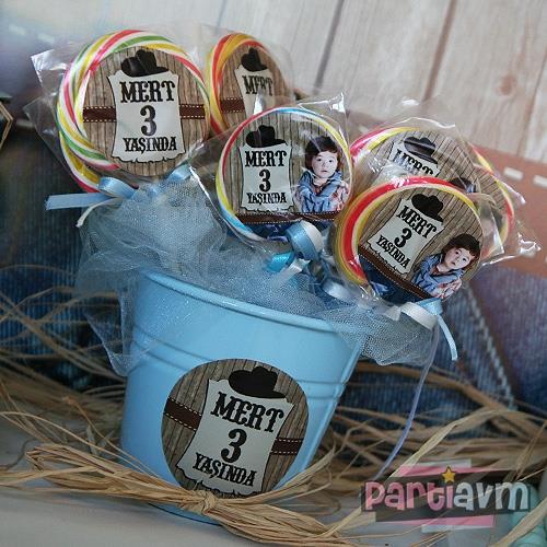 Sevimli Kovboy Doğum Günü Süsleri Lolipop Şeker Etiketli Kovada Etiketli Kurdeleli 10 Adet