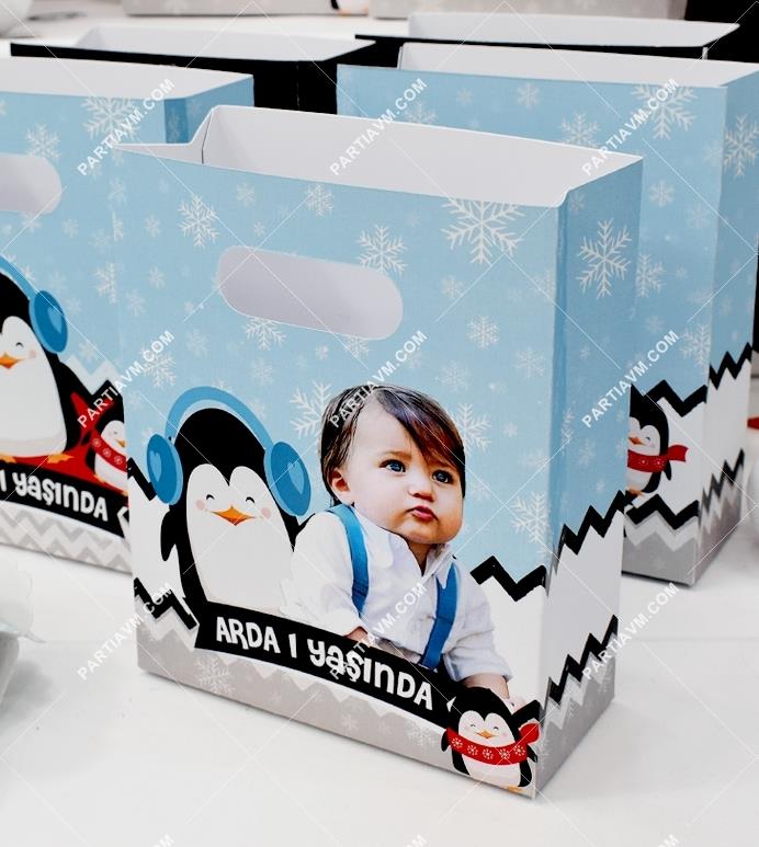 Sevimli Penguenler Doğum Günü Hediye Çantası Özel Tasarım 13 x 16 cm 5 Adet