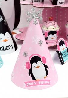 Partiavm Sevimli Penguenler Doğum Günü Parti Şapkası Simli Kar Süslemeli 5 Adet
