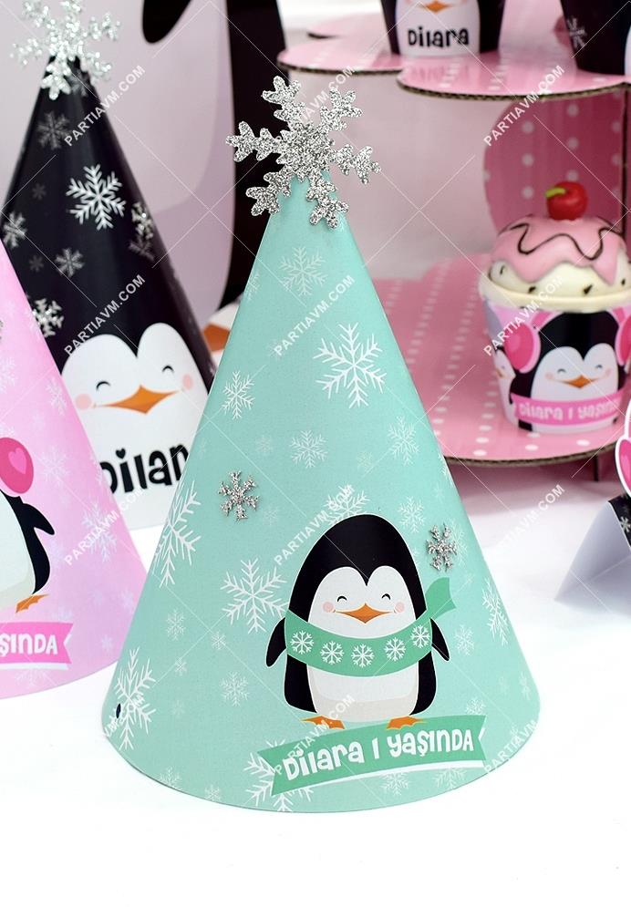 Sevimli Penguenler Doğum Günü Parti Şapkası Simli Kar Süslemeli 5 Adet