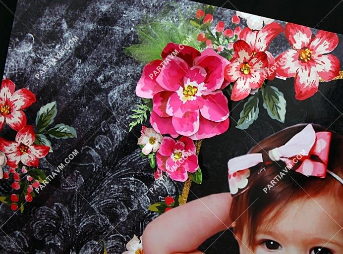 Siyah Fuşya Vintage Doğum Günü 120 X 85 cm Dev Pano Afiş Taşlı Kağıt Çiçek Süslemeli