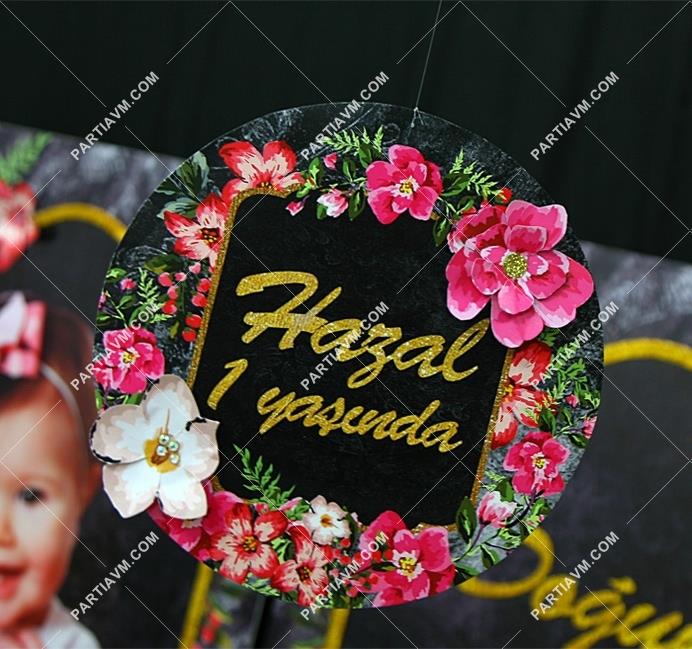 Siyah Fuşya Vintage Doğum Günü 20 cm Önlü Arkalı Baskı Kalın Karton Misinalı Kağıt Çiçek Süslemeli Asma Süs