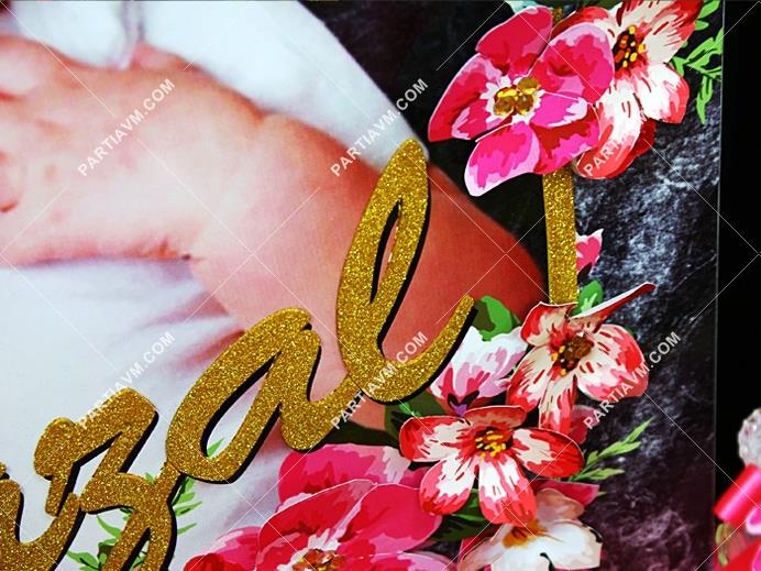 Siyah Fuşya Vintage Doğum Günü 70x100 cm Katlanmaz Pano Afiş Simli İsim ve Taşlı Kağıt Çiçek Süslemeli
