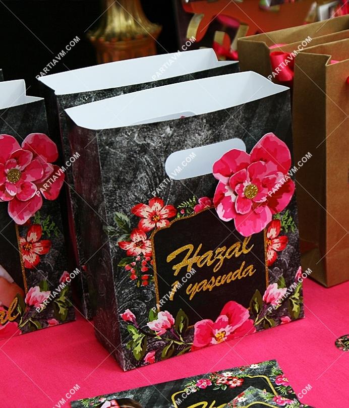 Siyah Fuşya Vintage Doğum Günü Hediye Çantası Özel Tasarım 13X16 cm Karton Çiçek Süslemeli 5 Adet