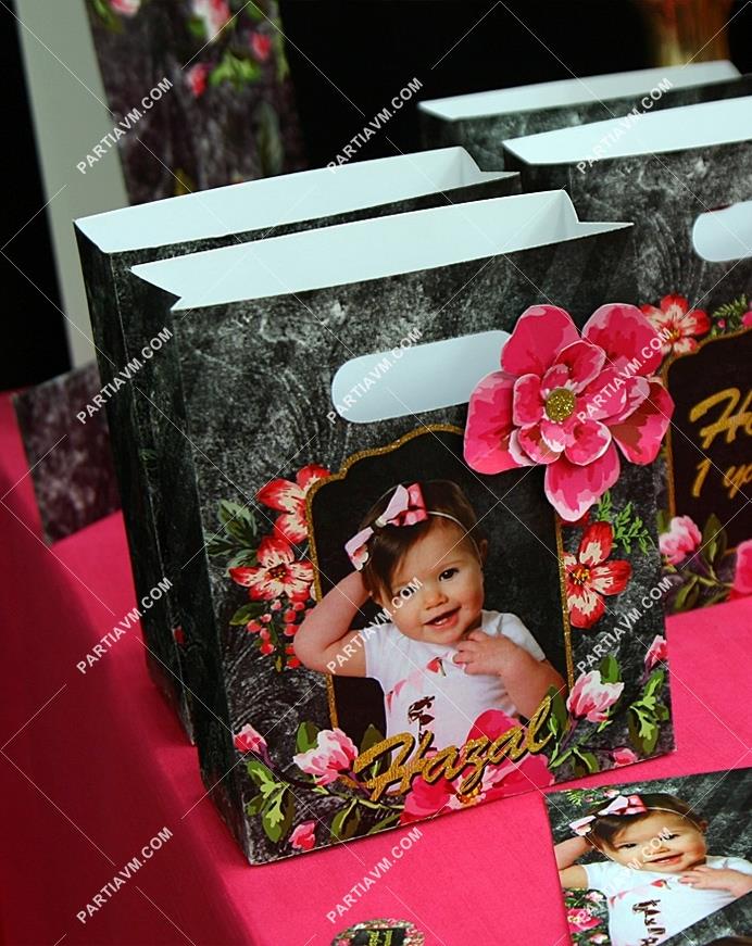 Siyah Fuşya Vintage Doğum Günü Hediye Çantası Özel Tasarım 13 X 16 cm Karton Çiçek Süslemeli 5 Adet