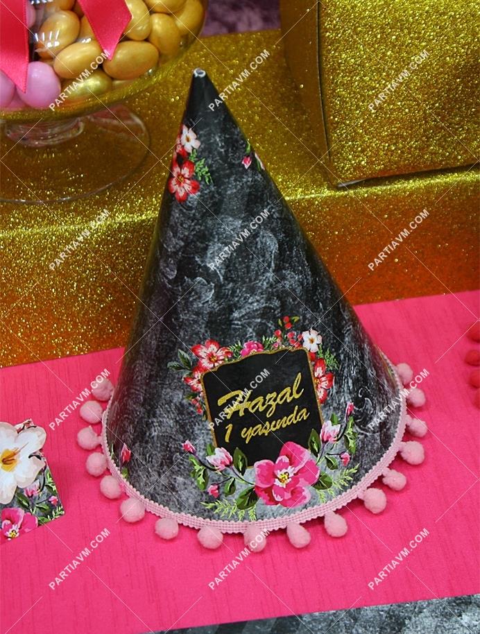 Siyah Fuşya Vintage Doğum Günü Parti Şapkası Süslemeli 5 Adet