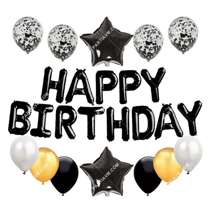 Siyah Happy Birthday Balon Seti 25li