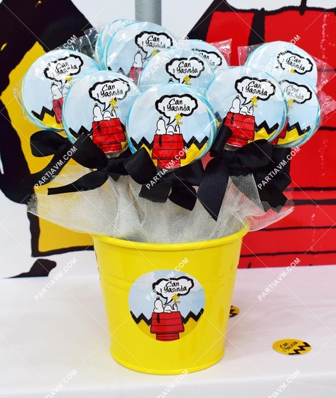 Snoopy Doğum Günü Lolipop Şeker Etiketli Kovada Süslemeli 10 Adet