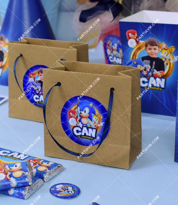 Sonic Doğum Günü Süsleri Hediye Çantası Etiketli Kurdeleli 10 X 10 cm 5 Adet