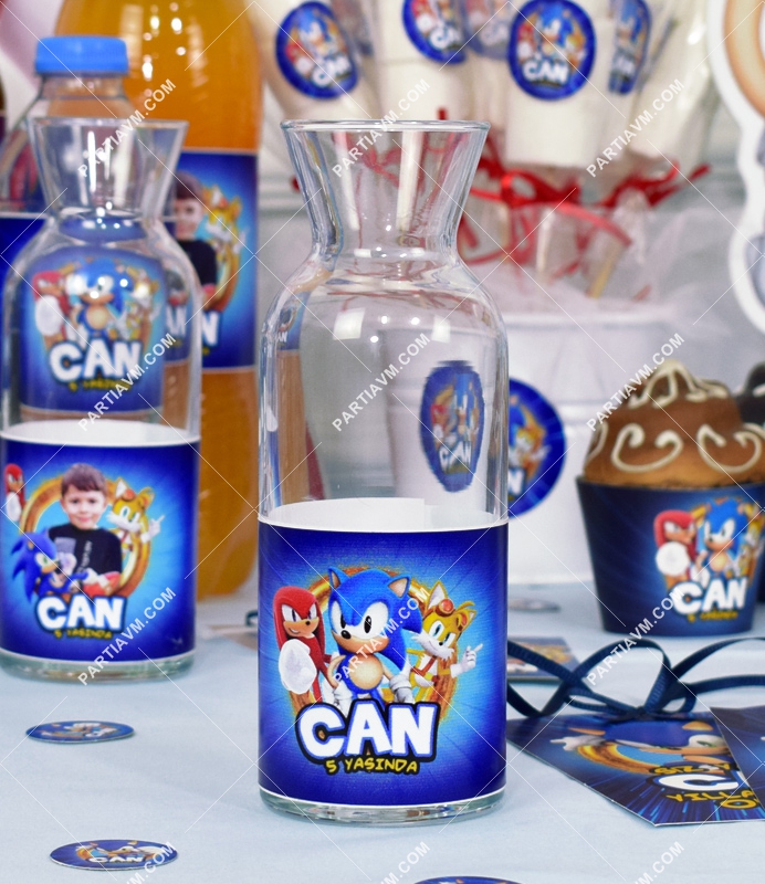 Sonic Doğum Günü Süsleri Karaf Cam Bardak Etiketli 6 Adet