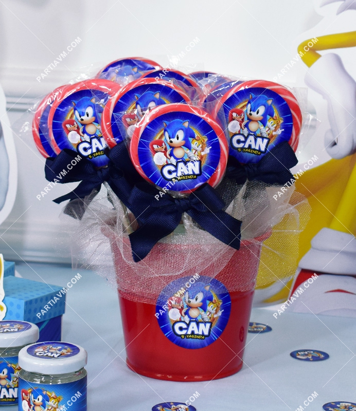 Sonic Doğum Günü Süsleri Lolipop Şeker Etiketli Kovada Süslemeli 10 Adet