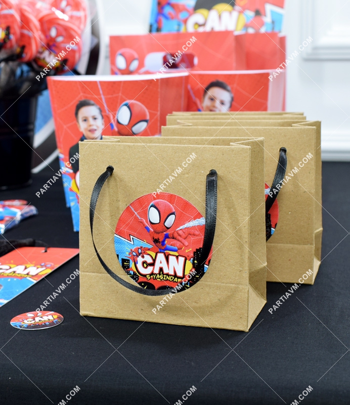 Spidey Örümcek Adam Doğum Günü Hediye Çantası Etiketli Kurdeleli 10 X 10 cm 5 Adet