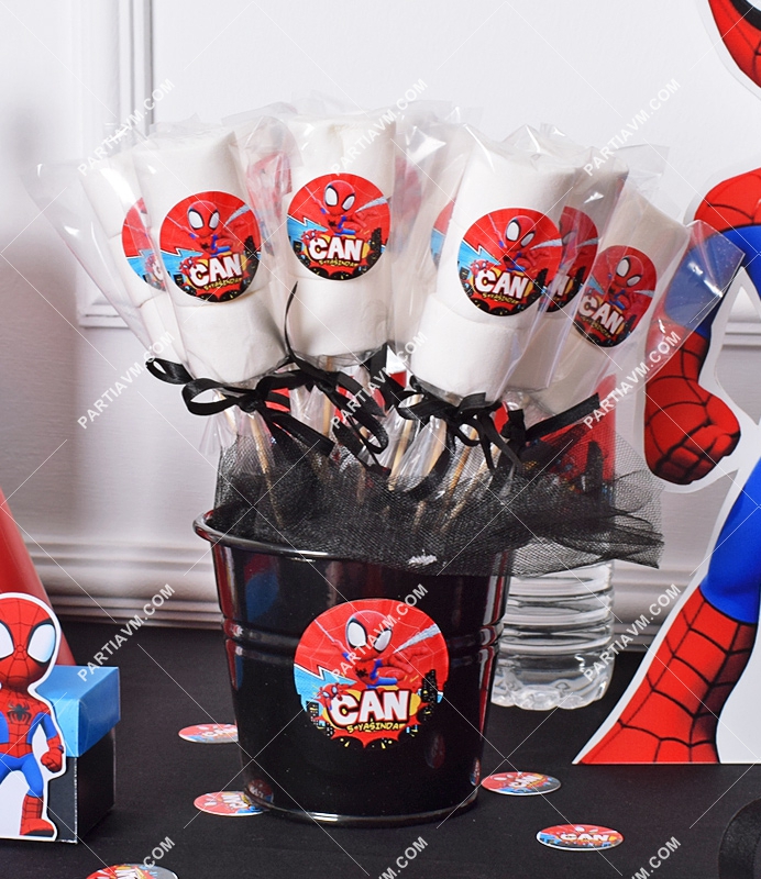 Spidey Örümcek Adam Doğum Günü Marshmallow Etiketli Kovada 10 Adet Kurdeleli Çubuklu İkramlık