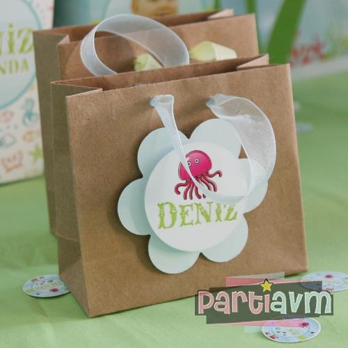 Su Dünyası Doğum Günü Süsleri Hediye Çantası Etiketli Kurdeleli Boyutlu 10 X 10 cm 5 Adet