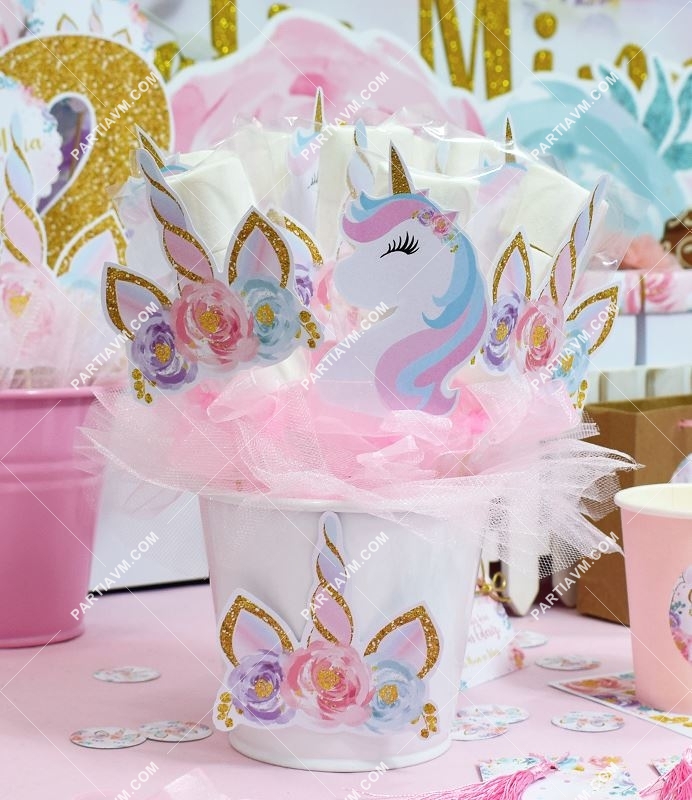 Unicorn Doğum Günü Marshmallow Etiketli Kovada 10 Adet Süslü Çubuklarda