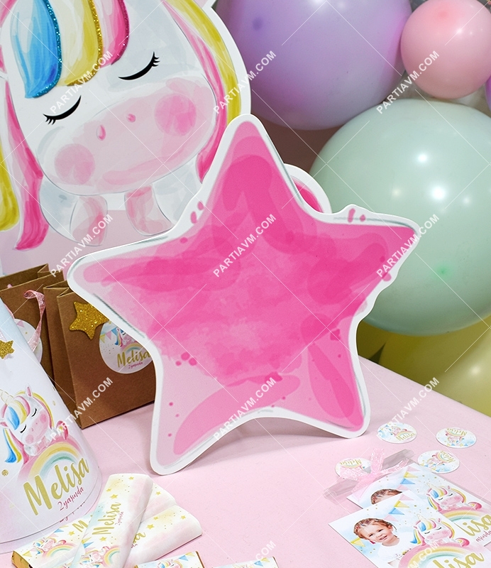 Unicorn Gökkuşağı Doğum Günü 28 cm Yıldız Dekor Pano Pembe