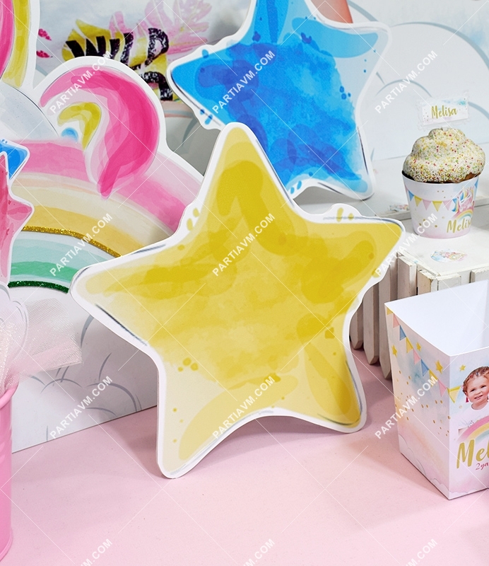 Unicorn Gökkuşağı Doğum Günü 28 cm Yıldız Dekor Pano Sarı