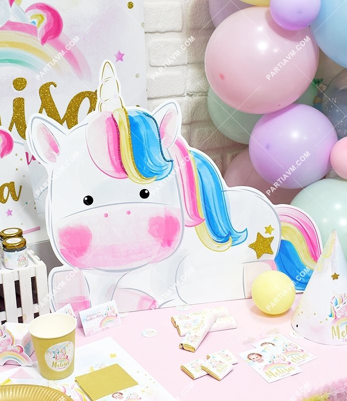 Unicorn Gökkuşağı Doğum Günü 60 cm Özel Kesim Sim Süslemeli Unicorn Dekor Pano