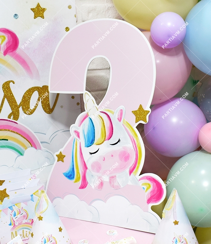 Unicorn Gökkuşağı Doğum Günü 60 cm Rakamlı Sim Süslemeli Dekor Pano