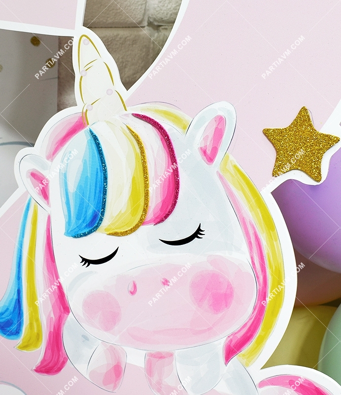 Unicorn Gökkuşağı Doğum Günü 60 cm Rakamlı Sim Süslemeli Dekor Pano