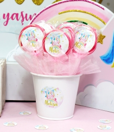 Partiavm Unicorn Gökkuşağı Doğum Günü Lolipop Şeker Etiketli Kovada Etiketli Kurdeleli 10 Adet satın al