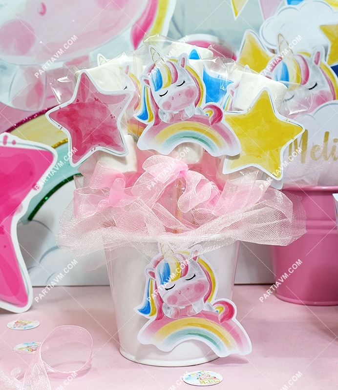 Unicorn Gökkuşağı Doğum Günü Marshmallow Etiketli Kovada 10 Adet Kurdeleli Çubuklu İkramlık