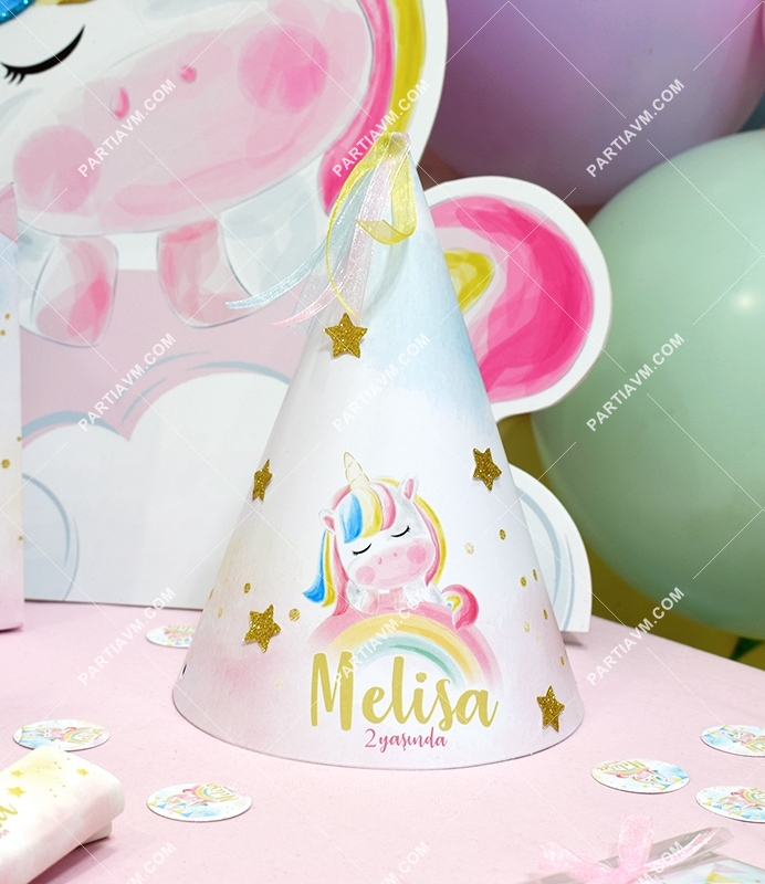 Unicorn Gökkuşağı Doğum Günü Parti Şapkası Sim Süslemeli 5 Adet