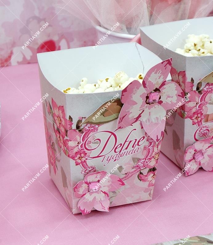 Vintage Bahar Doğum Günü Popcorn Kutusu Kağıt Çiçek ve Taş Süslemeli 5 Adet