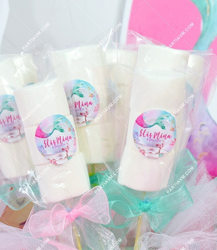 Vintage Deniz Kızı Doğum Günü Süsleri Marshmallow 10 Adet Etiketli Kurdeleli Çubuklu İkramlık