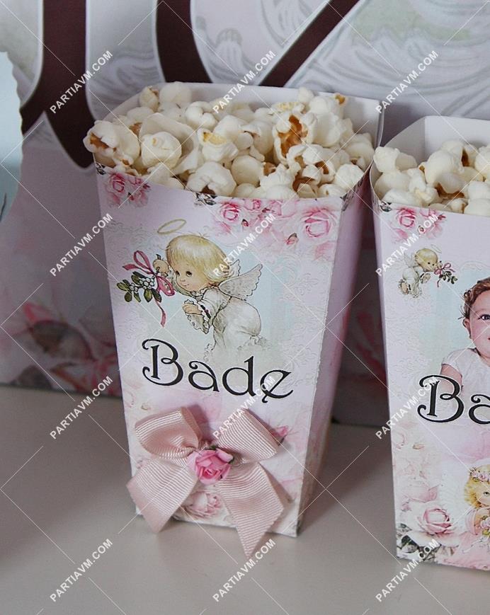 Vintage Melek Doğum Günü Popcorn Kutusu Kurdele ve Çiçek Süslemeli 5 Adet